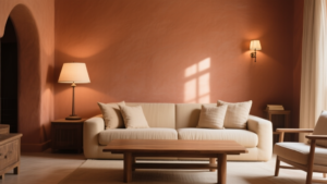 Salon chaleureux avec terracotta, lumière douce, canapé beige et matières naturelles en ambiance éditoriale