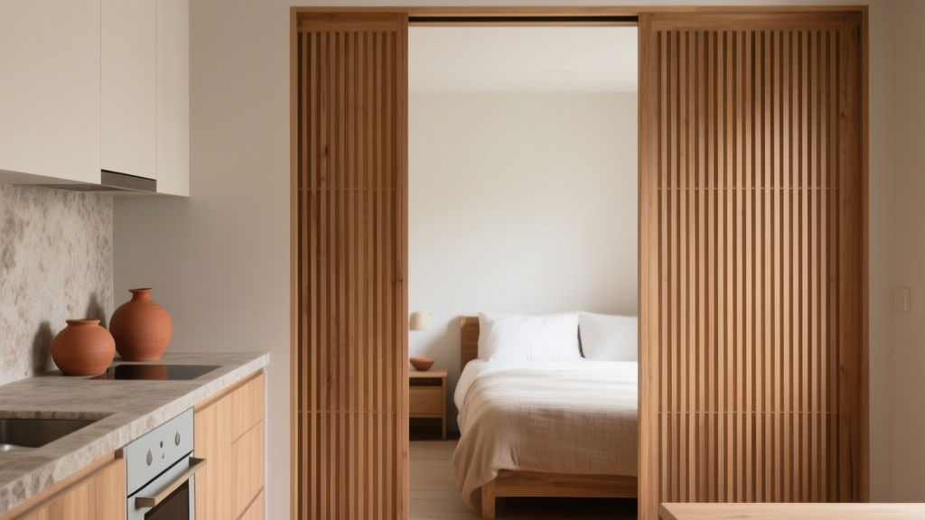 Cuisine ouverte avec panneaux coulissants en bois, céramiques chaudes et ambiance terracotta dans un petit appartement