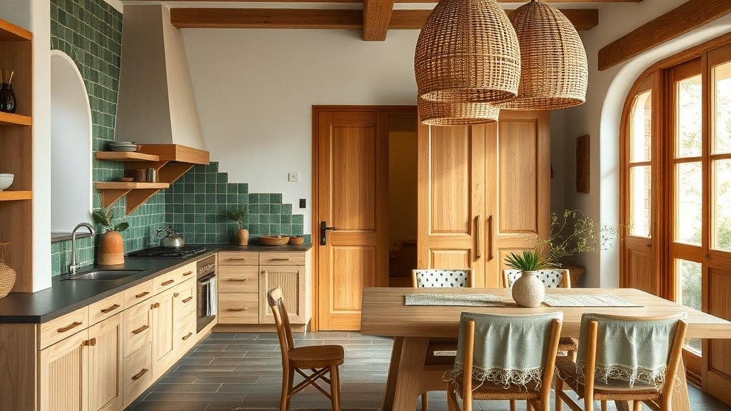 Cuisine méditerranéenne avec zellige vert, bois clair et touches de terracotta sous lumière naturelle