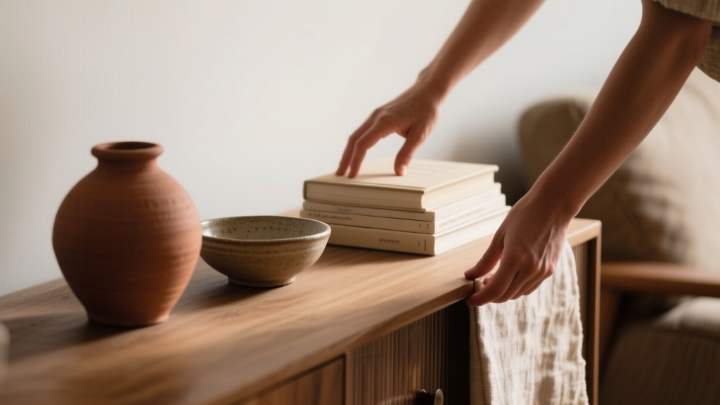 Mains réorganisant une composition déco avec vase terracotta et céramique sur un buffet en bois