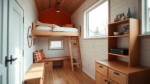 Intérieur de tiny house terracotta avec mezzanine, bois clair et lumière naturelle dans un petit volume