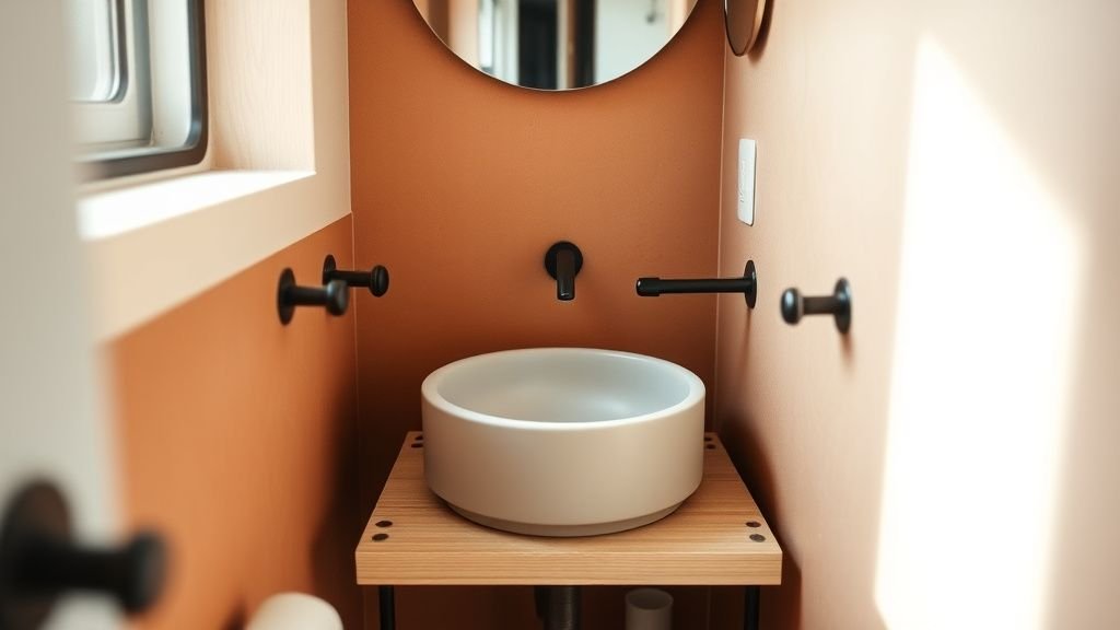 Salle d’eau compacte avec finition terracotta, vasque en céramique et détails noirs sous lumière douce