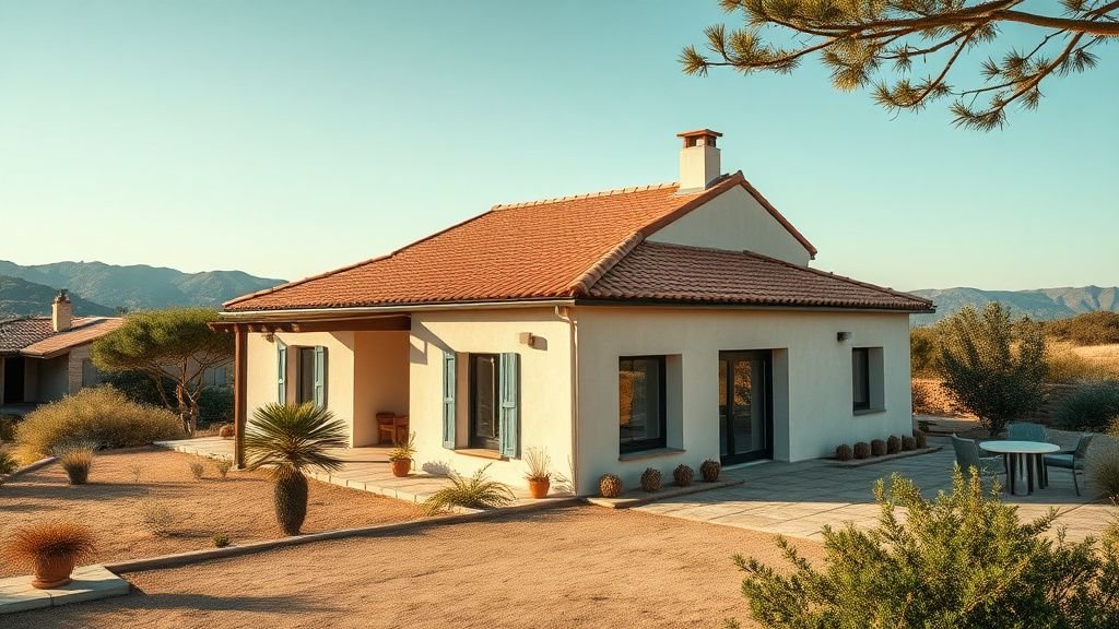 Maison contemporaine avec toiture terracotta, façade minérale et jardin sec sous lumière naturelle