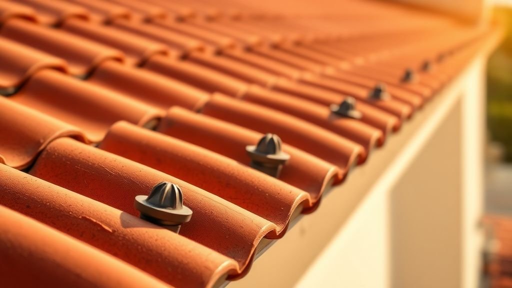 Détail d’une toiture terracotta avec gouttière et buses discrètes intégrées à la ligne de toit