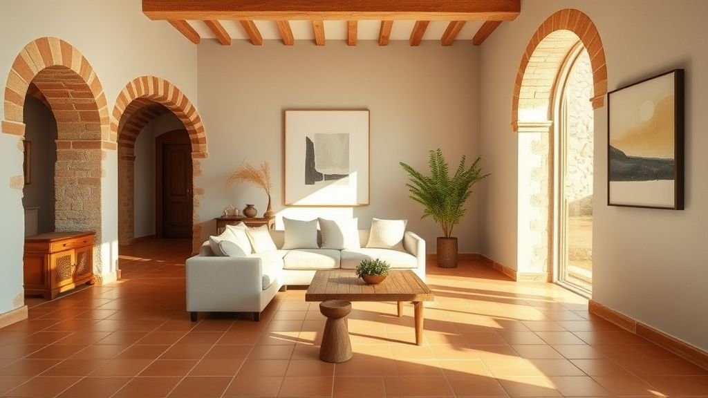 Intérieur de villa méditerranéenne avec tomettes terracotta, murs à la chaux et mobilier en bois chaud