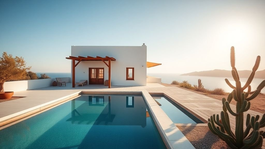 Villa méditerranéenne contemporaine avec murs à la chaux, bois brut, terracotta et piscine face à la mer