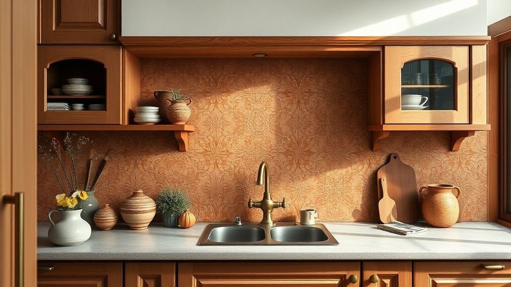 Crédence en zellige terracotta dans une cuisine sobre avec bois chaud et lumière naturelle