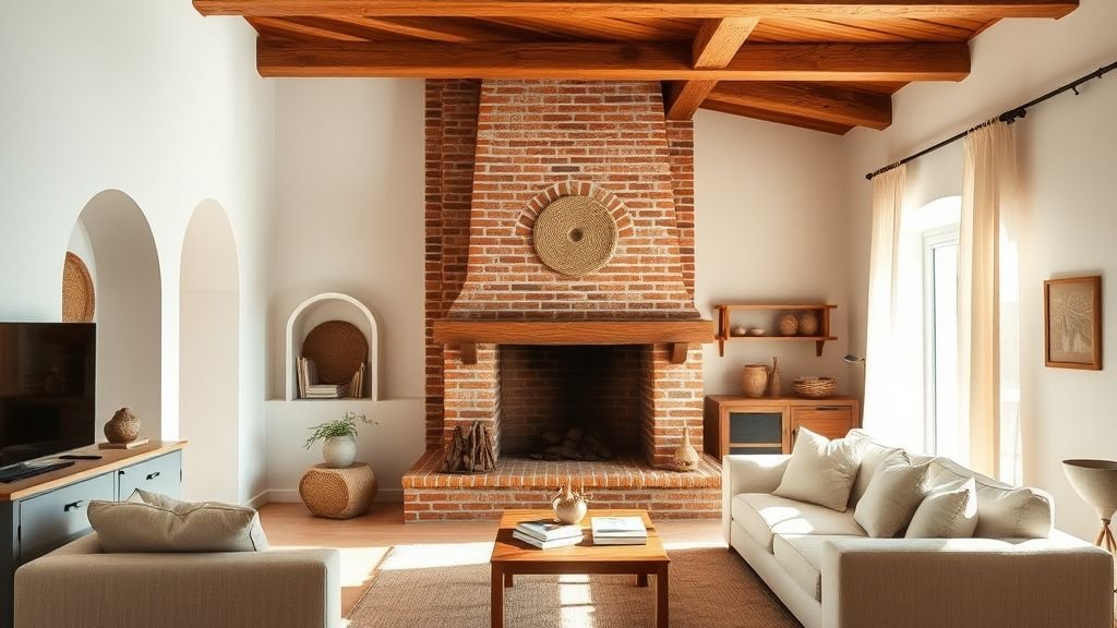 Salon méditerranéen avec cheminée en terre cuite, canapé en lin et poutres en bois sous lumière naturelle